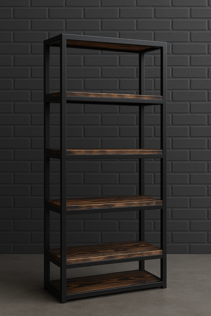 Pramoninis stovas su medinėmis lentynomis